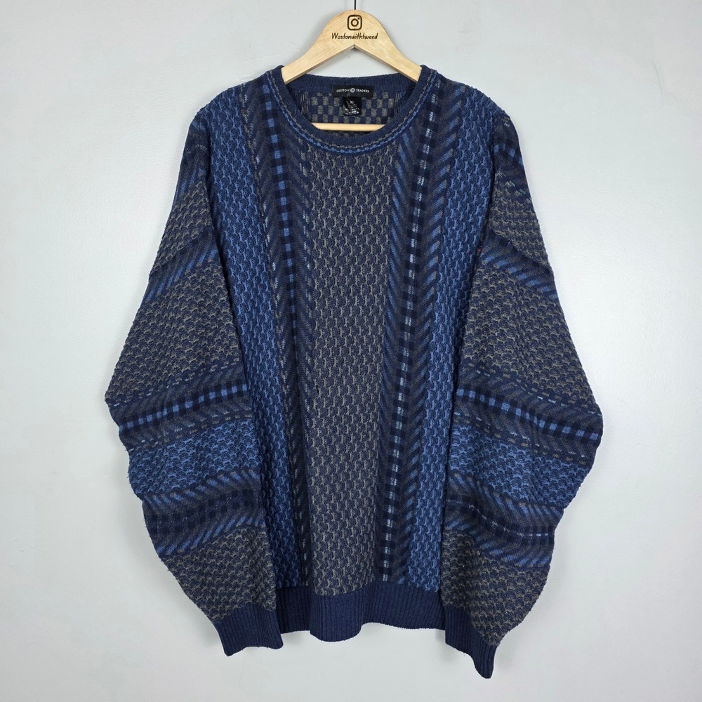 Cotton Traders Mens XL Blue Gray Geometric Pattern 3D Knit Sweater Crew Neck